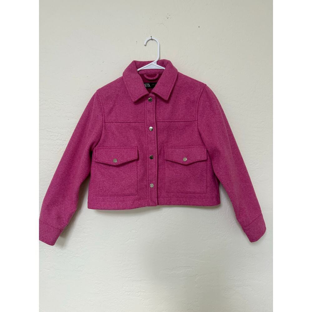 Zara pink Fushia cropped shirt jacket snap faux wool sz S collar